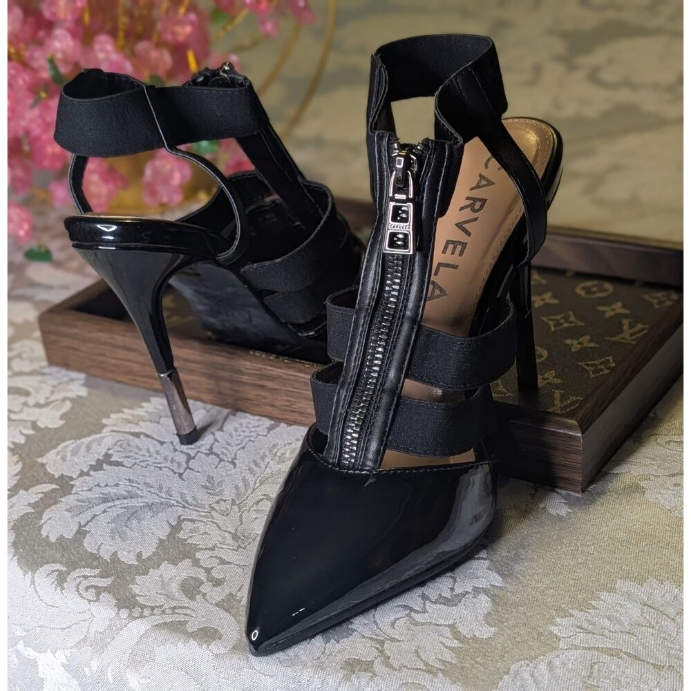 Carvela Black Patent Leather Strappy Pointed Toe Zip Stiletto Heels 8.5